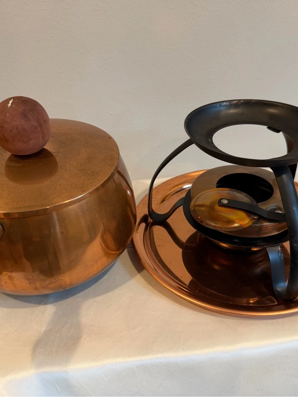 Copper Fondue Pot with Wood Handle - Copper Finish- Vintage